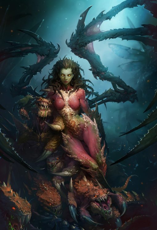 Explore a captivating handcrafted oil painting on canvas, featuring a compelling portrait of Kerrigan standing beside a fierce Zergling. This exquisite artwork vividly brings the iconic Starcraft character and her Zerg companion to life. Immerse yourself in the details and artistry, capturing the essence of the Starcraft universe. Own a piece of gaming history in art by securing this remarkable creation today.