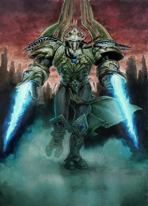 Uncover a striking hand-painted oil portrait on canvas, capturing the essence of Artanis from Starcraft. This exquisite artwork beautifully portrays the iconic gaming character, showcasing his strength and determination. Immerse yourself in the vibrant details that bring Artanis to life. Own a piece of gaming history in art by securing this extraordinary portrait today.