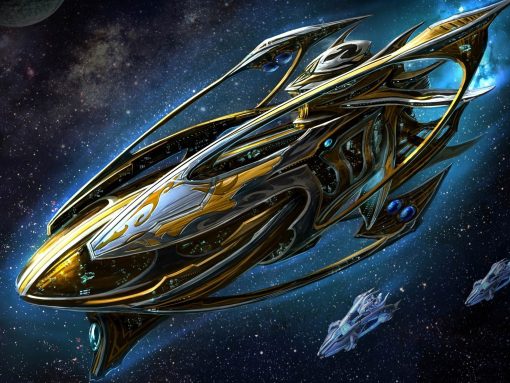 Delve into a captivating handcrafted oil painting on canvas, showcasing a majestic Protoss carrier starship. This breathtaking artwork beautifully portrays the essence of the iconic Starcraft universe, featuring the awe-inspiring carrier in intricate detail. Immerse yourself in the vibrant colors and meticulous artistry, bringing the sci-fi world to life. Own a piece of gaming history in art by securing this extraordinary creation today.