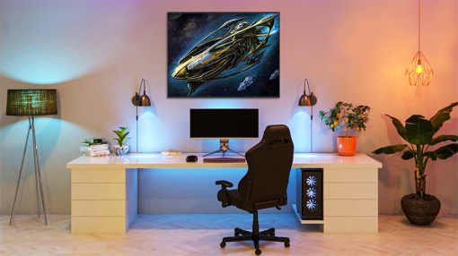 Unveil a mesmerizing hand-painted oil canvas featuring the formidable Protoss carrier starship from Starcraft. This stunning artwork vividly captures the essence and power of the iconic gaming universe, showcasing the carrier in all its grandeur. Immerse yourself in the intricacies of this unique masterpiece, bringing the sci-fi world to vivid reality. Own a piece of gaming history in art by securing this remarkable creation now.