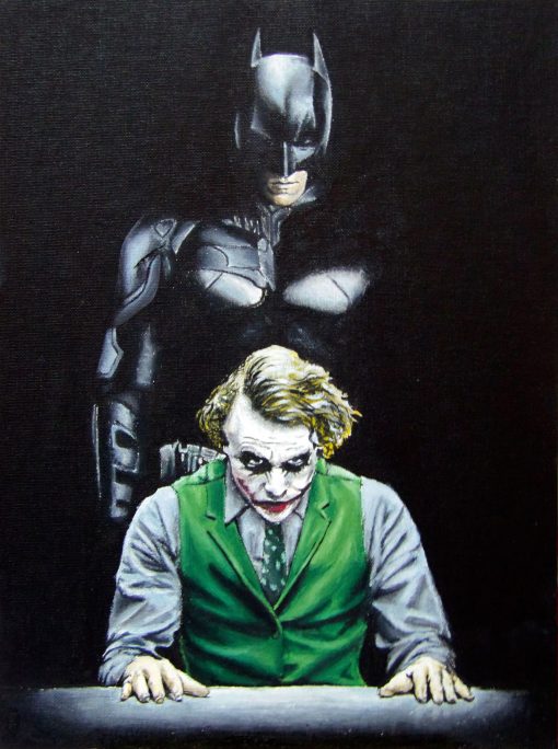 Dive into our handmade oil painting on canvas, showcasing a captivating scene of Batman and the Joker seated, depicting the Joker's capture by Batman. This intricately crafted artwork vividly portrays the dynamic confrontation between the two iconic characters. Ideal for enthusiasts of the Dark Knight series, this portrayal captures the intense moment of the Joker's capture by Batman, offering a bold and compelling centerpiece for your space.