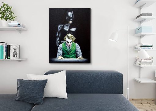 Explore our handmade oil painting on canvas, featuring a captivating moment with Batman and the Joker seated, illustrating Batman's triumphant capture of the Joker. This intricately crafted artwork vividly captures the tension between these iconic adversaries. Ideal for fans of the Dark Knight saga, this portrayal encapsulates the intense capture scene, providing a dramatic and visually striking centerpiece for your space.