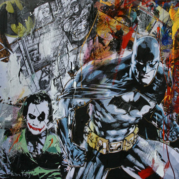 Immerse yourself in our handmade oil painting on canvas, spotlighting an enthralling portrait of Batman and the Joker in a captivating street art style. This intricately crafted artwork creatively blends the iconic duo with an urban flair, delivering a dynamic and visually striking composition. Perfect for aficionados of the Dark Knight saga, this portrayal embodies the vibrancy of street art, offering a bold and engaging centerpiece for your space.