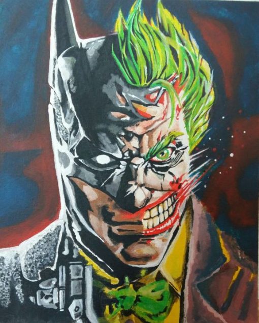 Explore our handmade oil painting on canvas, presenting an intriguing double-faced portrait of Batman and the Joker. This intricately crafted artwork ingeniously merges the two iconic figures into a dual-faced composition, capturing their contrasting personas in a captivating style. Perfect for enthusiasts of the Dark Knight series, this portrayal encapsulates the duality of these characters, offering a unique and visually compelling centerpiece for your space.