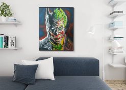 Discover our handmade oil painting on canvas, featuring a captivating double-faced portrait showcasing both Batman and the Joker. This intricately crafted artwork ingeniously blends the contrasting personas of these iconic figures into a dual-sided composition, offering a visually compelling and thought-provoking depiction. Ideal for fans of the Dark Knight saga, this portrayal embodies the dichotomy between the characters, providing a unique and engaging centerpiece for your space.