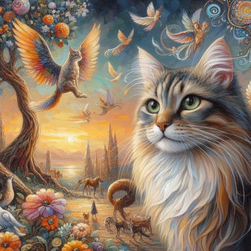Discover our captivating handmade oil painting on canvas, showcasing a regal cat portrait set amidst a paradise of feline fantasy decor. This intricately crafted artwork beautifully captures the grace of the cat within an enchanting and whimsical feline-inspired setting. Ideal for cat enthusiasts and lovers of imaginative decor, this portrayal offers a visually enchanting centerpiece, blending the majestic allure of the cat with a delightful cats' paradise, infusing your space with whimsy and charm.
