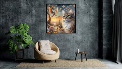 Explore our enchanting handmade oil painting on canvas, portraying a majestic cat portrait amidst a charming paradise inspired by feline fantasy. This intricately crafted artwork beautifully captures the elegance of the cat within a whimsical and imaginative cat-centric setting. Perfect for cat lovers and those fond of creative decor, this portrayal serves as a visually captivating centerpiece, merging the grace of the feline with an inviting and delightful cats' paradise, adding a touch of whimsical allure to your space.