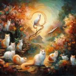 Discover our enchanting handmade oil painting on canvas, portraying delightful cats amidst a vibrant and fantastical landscape bursting with vivid colors. This intricately crafted artwork captures the playful charm of cats harmonized with a whimsical fantasy setting. Ideal for cat enthusiasts and fantasy lovers alike, this portrayal offers a visually striking centerpiece, blending the adorable allure of felines with a colorful and imaginative landscape, infusing your space with joyous fantasy.