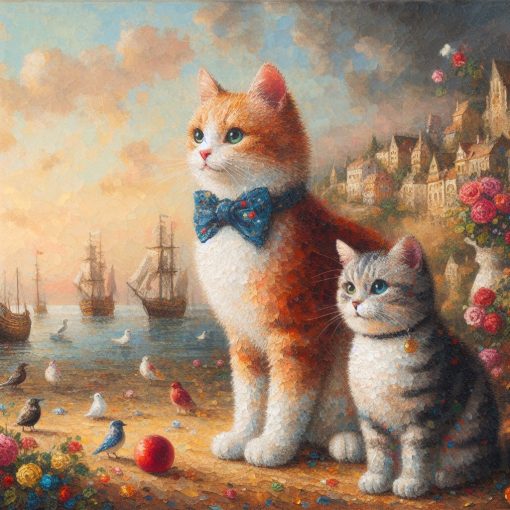Embark on a whimsical journey with our handmade oil painting on canvas, showcasing two adorable cats nestled within a fantastical and charming decor. This intricately crafted artwork beautifully captures the endearing presence of the cats amid a whimsical fantasy setting. Perfect for cat lovers and fantasy enthusiasts, this portrayal offers a visually captivating centerpiece, combining the irresistible charm of felines with an imaginative and enchanting backdrop, infusing your space with playful delight.