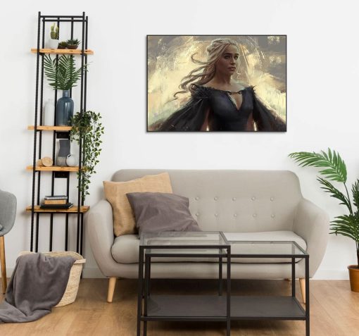 Experience the allure of Daenerys Targaryen through a handcrafted oil painting on canvas. This captivating portrait highlights her graceful and regal posture, showcasing her commanding presence. Ideal for Game of Thrones enthusiasts, this exquisite artwork emanates elegance with vibrant colors, making it a sophisticated addition to any space.