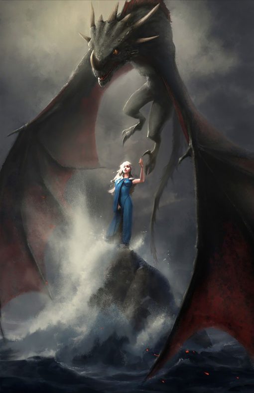 Explore an exquisite handmade oil painting on canvas for sale, depicting Daenerys Targaryen with her majestic dragon soaring above. This exclusive artwork vividly captures the power and grace of the iconic Game of Thrones character. Perfect for art enthusiasts and collectors, this captivating piece beautifully brings to life the epic world of dragons and royalty, adding a touch of fantasy to your space.