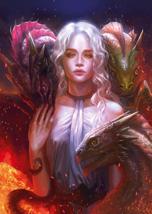 Discover an exceptional handmade oil painting on canvas for sale, presenting a striking portrait of Daenerys Targaryen with majestic dragons flanking each side. This exclusive artwork beautifully captures the strength and regal aura of the iconic Game of Thrones character. Ideal for art enthusiasts and collectors, this mesmerizing piece adds an enchanting touch, bringing the mythical world of dragons and royalty to your walls.