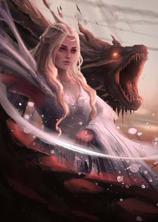 Discover an exquisite handmade oil painting on canvas, featuring a powerful portrait of Daenerys Targaryen with a majestic dragon in the background. This exclusive artwork vividly captures the Game of Thrones character's strength and regal presence. Perfect for art enthusiasts and collectors, this captivating piece brings the epic world of dragons and royalty to life, adding a touch of fantasy to your space.