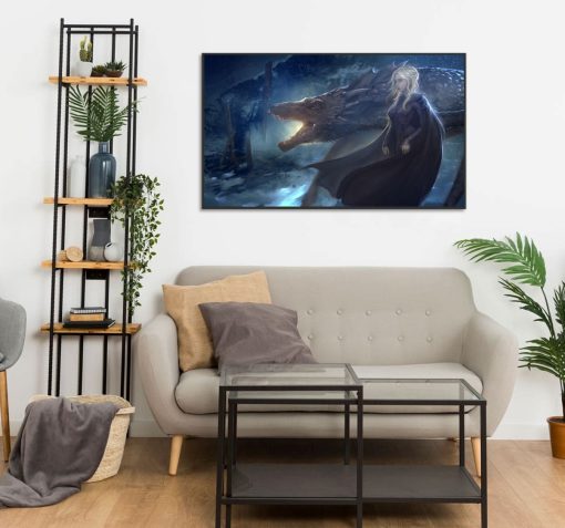 In this stunning oil painting on canvas, Daenerys Targaryen, the formidable Mother of Dragons, is immortalized with her characteristic determination. Her vivid blue eyes and flowing platinum hair evoke strength and heritage, while her loyal dragon stands resolute beside her. The dragon's fiery breath illuminates the scene, showcasing their unbreakable bond. This masterpiece beautifully captures the essence of "Game of Thrones," offering viewers a glimpse into a world where dragons and Daenerys command admiration. Display this captivating artwork to draw inspiration from her unwavering courage and power.