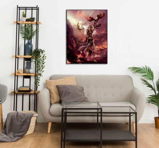 Uncover a mesmerizing handmade oil painting on canvas, showcasing Daenerys Targaryen alongside her dragons in a stunning fiery landscape. This exclusive artwork vividly captures the power and allure of the beloved 'Game of Thrones' character. Ideal for art lovers and collectors, this captivating piece embodies the enchanting world of dragons and strength.