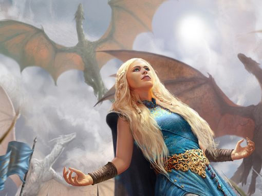 Explore an exceptional handmade oil painting on canvas, presenting Daenerys Targaryen standing proudly beneath her soaring dragons. This exclusive artwork brilliantly captures the power and grace of the iconic 'Game of Thrones' character. Ideal for art enthusiasts and collectors, this captivating piece brings the mythical world of dragons and leadership to life, adding a touch of fantasy to your space.