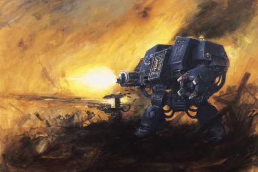 Immerse yourself in the chaos of Warhammer 40k with a captivating handmade oil painting on canvas, showcasing a Dreadnought war machine unleashing devastating firepower on the battlefield. This stunning artwork vividly captures the intensity and action as the Dreadnought fires with precision, meticulously painted with vibrant colors and intricate details. Experience the sheer might and fierce combat of this iconic war machine depicted in this exclusive piece. Elevate your space with this dynamic artwork, ideal for enthusiasts and collectors seeking a powerful portrayal of the legendary Warhammer 40k Dreadnought in the heat of battle.