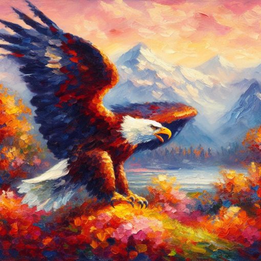 Experience our captivating handmade oil painting on canvas, featuring an eagle portrait adorned with intricate design, set amidst a breathtaking mountain landscape. This intricately crafted artwork masterfully captures the regal essence of the eagle, harmonizing with the majestic beauty of the mountains. Ideal for nature enthusiasts, this portrayal offers a visually stunning centerpiece that merges the grandeur of wildlife with the serene allure of mountain scenery, elevating your space with natural splendor.