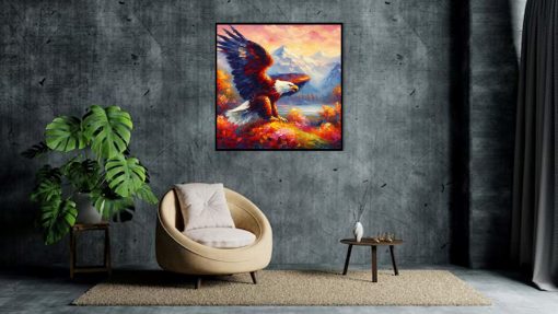 Explore our mesmerizing handmade oil painting on canvas, showcasing an eagle portrait with an elegant design against a stunning backdrop of mountainous landscapes. This intricately crafted artwork beautifully merges the majestic presence of the eagle with the serene beauty of mountain scenery. Perfect for nature lovers, this portrayal offers a visually captivating centerpiece, harmonizing the grace of wildlife with the grandeur of mountain vistas, adding a touch of natural elegance to your space.