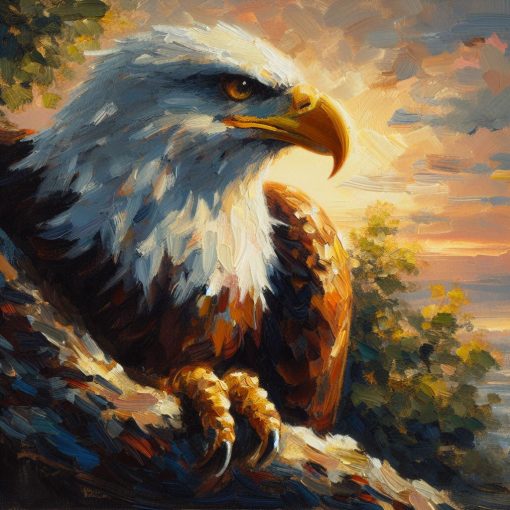 Delve into our stunning handmade oil painting on canvas, highlighting an eagle's majestic portrait embellished with a captivating and elegant design. This intricately crafted artwork beautifully captures the regality of the eagle, enhanced by exquisite artistic elements. Ideal for nature enthusiasts, this portrayal serves as a visually captivating centerpiece, radiating the awe-inspiring beauty of wildlife in your space.