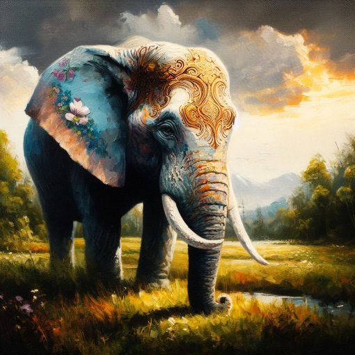Immerse yourself in our captivating handmade oil painting on canvas, spotlighting a majestic elephant standing amid a breathtaking and serene landscape. This intricately crafted artwork beautifully captures the grandeur of the elephant against a picturesque backdrop. Ideal for wildlife enthusiasts and lovers of stunning landscapes, this portrayal offers a visually compelling centerpiece, merging the magnificence of the elephant with a captivating and scenic environment, enhancing your space with natural beauty.