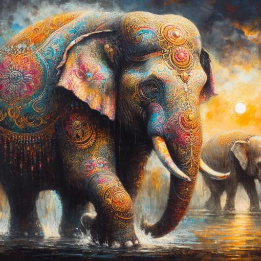 Explore our captivating handmade oil painting on canvas, featuring a majestic elephant portrait adorned with an enchanting Indian style, set against a backdrop of a serene rainy atmosphere. This intricately crafted artwork beautifully captures the elegance of the elephant in a distinctly Indian ambiance. Ideal for art enthusiasts and admirers of cultural themes, this portrayal offers a visually compelling centerpiece, blending the regal allure of the elephant with the captivating essence of an Indian-styled rainy setting, adding cultural richness to your space.