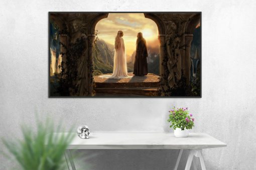 Immerse yourself in the allure of Rivendell with a mesmerizing handmade oil painting on canvas, featuring portraits of Gandalf and Galadriel against a breathtaking backdrop. This unique artwork skillfully captures the essence of The Lord of the Rings, tailored for passionate fans. Crafted with meticulous detail and vibrant colors, this high-quality painting becomes a cherished addition to any collection, providing a captivating focal point that transports enthusiasts into the magical world of Tolkien's legendary saga.