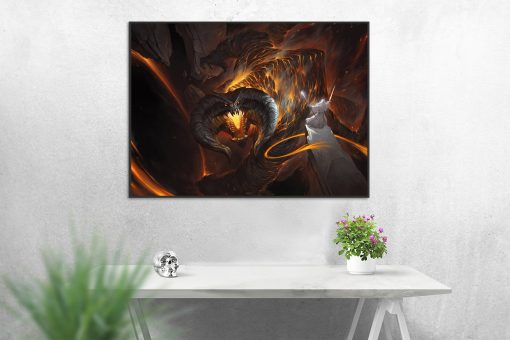Experience the epic clash in Middle-earth with a mesmerizing handcrafted oil painting on canvas, featuring Gandalf locked in an intense duel against the Balrog in the depths of Moria. This unique artwork intricately portrays the thrilling battle with vivid detail and expert brushwork, ideal for passionate Lord of the Rings fans. Crafted with meticulous care, this high-quality painting immortalizes this iconic scene, adding a powerful and captivating touch to any collection, making it a must-have masterpiece for enthusiasts of Tolkien's legendary narrative.