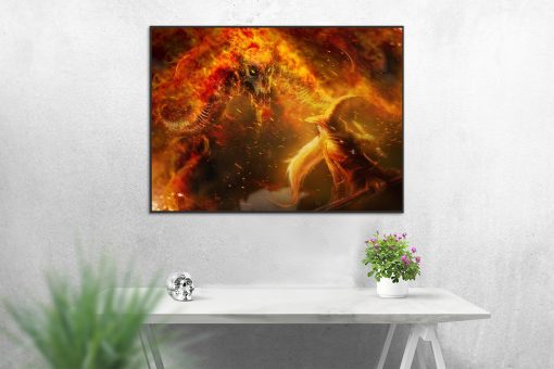 Discover a captivating, handcrafted oil painting on canvas showcasing the legendary confrontation between Gandalf and the Balrog in the iconic Moria cave, known as Kazad-dûm. This unique artwork vividly portrays the intense battle, tailored for devoted fans of Lord of the Rings. Crafted with expert skill, this high-quality painting immortalizes the epic clash, making it a striking addition to any collection for enthusiasts of Tolkien's timeless saga.