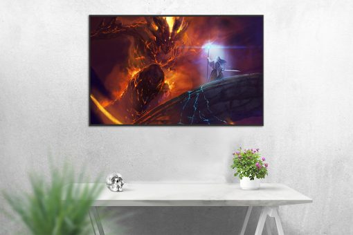 Enter the realm of Middle-earth through a captivating handmade oil painting on canvas, showcasing Gandalf locked in an epic struggle against the Balrog on the Kazad-dûm bridge. This unique artwork skillfully captures the intensity of this iconic scene, tailor-made for passionate fans of The Lord of the Rings. Crafted with meticulous detail and vibrant colors, this high-quality painting stands as a powerful addition to any collection, offering a dynamic and visually stunning centerpiece for enthusiasts of Tolkien's cherished saga.
