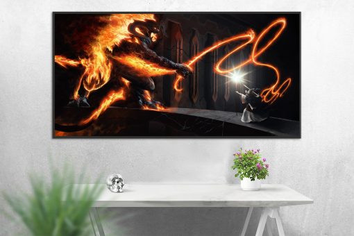 Immerse yourself in the gripping narrative of Middle-earth with a handmade oil painting on canvas, showcasing the Balrog's impending strike against Gandalf with its formidable whip on the Kazad-dûm bridge. This unique artwork masterfully captures the tension of this iconic scene, tailored for devoted fans of The Lord of the Rings. Crafted with meticulous detail and vibrant colors, this high-quality painting becomes an impactful addition to any collection, creating a dynamic and visually striking centerpiece for enthusiasts of Tolkien's timeless saga.