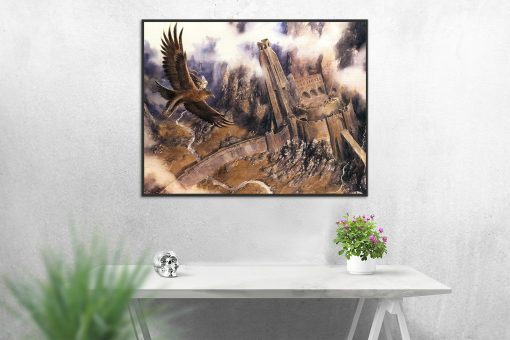 Step into the epic world of Middle-earth with a stunning, handcrafted oil painting on canvas portraying Gandalf soaring on Arwen's eagle above the iconic Helm's Deep. This unique artwork beautifully captures this heroic moment with intricate detail and vibrant colors, perfect for any Lord of the Rings enthusiast. With meticulous craftsmanship, this high-quality painting brings the thrilling scene to life, making it a standout piece for any collection and a cherished treasure for fans of Tolkien's legendary tale.