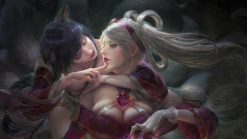 Unleash the captivating beauty of Sona and Ahri in a sensual embrace with this exquisite handmade oil painting on canvas. Immerse yourself in the vibrant colors and intricate details as the two iconic League of Legends champions come to life on your walls. This unique piece of art is perfect for any League of Legends enthusiast or collector.