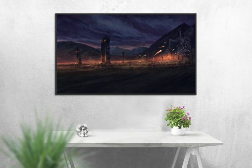 Experience the haunting nightscape of our handmade oil painting on canvas, vividly depicting the siege of Minas Tirith by the menacing Mordor army. This intricately crafted artwork captures the dark turmoil and tension of the epic battle scene under the night sky. Ideal for impactful decor, this portrayal brings forth the dramatic intensity and despair of Tolkien's narrative, offering a powerful and captivating centerpiece for your space.