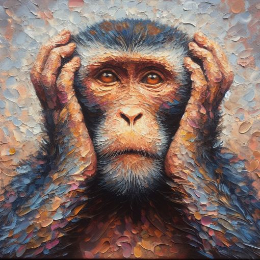 Delve into our compelling handmade oil painting on canvas, spotlighting the Monkey Deaf from the revered 3 Wise Monkeys. This meticulously crafted artwork embodies the essence of silence, symbolizing the principle of "hear no evil" with artistic finesse. Elevate your space with this symbolic portrayal, offering a unique blend of artistry and philosophy that adds depth and intrigue to any setting.