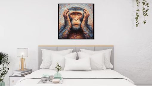 Delve into our compelling handmade oil painting on canvas, spotlighting the Monkey Deaf from the revered 3 Wise Monkeys. This meticulously crafted artwork embodies the essence of silence, symbolizing the principle of "hear no evil" with artistic finesse. Elevate your space with this symbolic portrayal, offering a unique blend of artistry and philosophy that adds depth and intrigue to any setting.