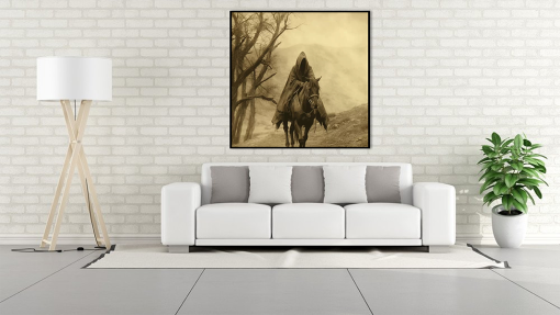 Discover an eerie vintage-themed oil painting on canvas, showcasing the haunting figure of a Nazgûl. This exclusive artwork skillfully captures the dark and foreboding essence of these iconic figures from 'The Lord of the Rings.' Ideal for art lovers and collectors, this captivating piece brings the mystique of Middle-earth to life, offering a vintage aesthetic to your space.