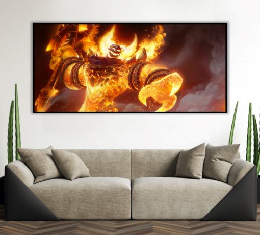 Discover a breathtaking handmade oil painting on canvas for sale, featuring Ragnaros the Firelord poised to strike with his hammer in a powerful portrait. This exclusive artwork captures the dynamism of the iconic World of Warcraft character. Ideal for art enthusiasts and collectors, elevate your space with this impactful piece. Acquire this exceptional Ragnaros the Firelord portrait depicting his imminent force with the hammer!