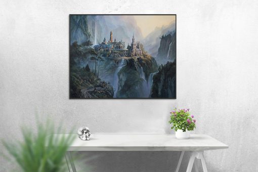 Step into the mystical sanctuary of Elrond's home nestled within Rivendell, portrayed in a captivating handmade oil painting on canvas. This artwork beautifully captures the serene beauty of the Elven residence, bringing Tolkien's mythical realm to life with vivid colors and meticulous details. Immerse yourself in the tranquility of this masterpiece, resonating with the enchanting essence of Rivendell's majestic landscapes. Own a unique creation that encapsulates the captivating charm of Elrond's abode, perfect for adding an air of fantasy and artistic elegance to any space.