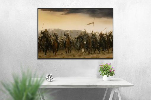 Step into the heart of battle with a captivating handmade oil painting on canvas, showcasing the fearless charge of the Rohirrim on the Pelennor battlefield as they crush the Mordor army besieging Minas Tirith. This unique artwork skillfully captures the essence of The Lord of the Rings, tailored for passionate fans. Crafted with meticulous detail and vibrant colors, this high-quality painting becomes a cherished addition to any collection, providing a visually compelling focal point that immortalizes the epic moment of the Rohirrim's relentless assault against the Mordor forces in Tolkien's legendary saga.