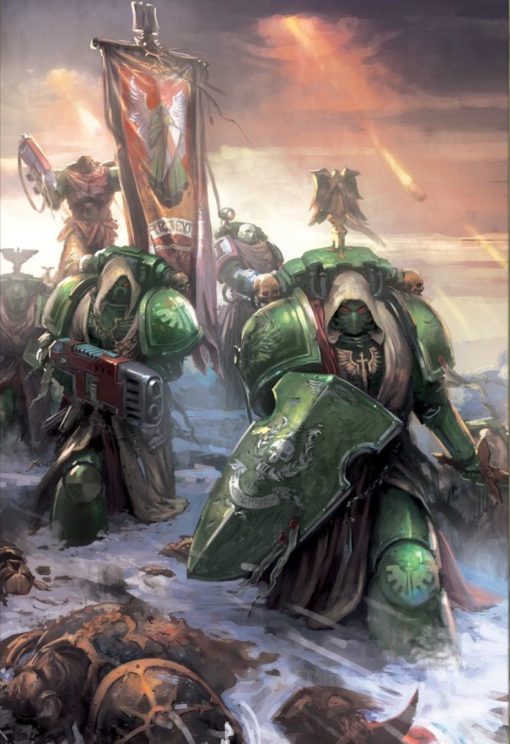 Explore an exquisite handmade oil painting on canvas capturing the iconic Space Marine Dark Angels in a majestic procession, proudly displaying their banner. This stunning artwork embodies the heroic unity of these warriors as they stride forth, an evocative portrayal of strength and camaraderie. Own this masterful piece, a testament to the valor and power of the Dark Angels, perfect for enthusiasts and collectors seeking the essence of the Warhammer 40,000 universe.