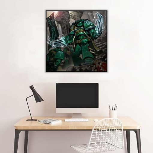 Uncover a dynamic handmade oil painting on canvas showcasing Space Marine Dark Angels armed with scratch weapons. This striking artwork encapsulates the resourcefulness and bravery of these iconic warriors. Perfect for Warhammer 40,000 aficionados and art enthusiasts, this portrayal embodies the intense action and adaptability of the Dark Angels, offering a distinct and powerful addition to any collection or space.