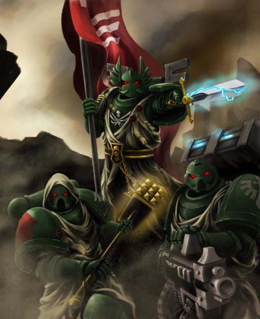 Experience a stunning handmade oil painting on canvas featuring a trio of Space Marine Dark Angels prepared for battle. This captivating artwork embodies the strength and unity of these legendary warriors. Ideal for Warhammer 40,000 enthusiasts and art collectors, this portrayal encapsulates the readiness and valor of the Dark Angels, adding a powerful and commanding presence to any collection or space.