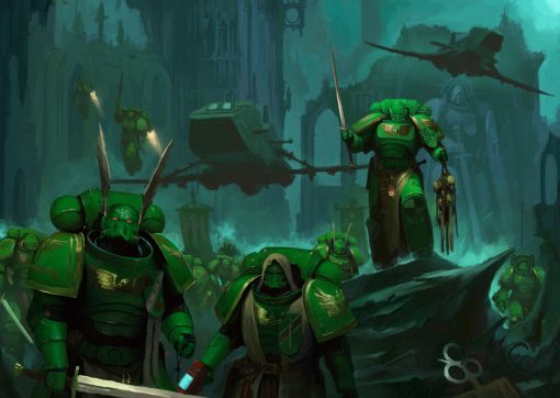 Step into an evocative handcrafted oil painting on canvas, showcasing a group of Space Marine Dark Angels amidst a desolate landscape. This captivating artwork portrays the valor and unity of these legendary warriors in a stark and dramatic setting. Ideal for Warhammer 40,000 enthusiasts and art collectors, this portrayal captures the Dark Angels' resilience against a desolate backdrop, creating a powerful and striking centerpiece for any space or collection.