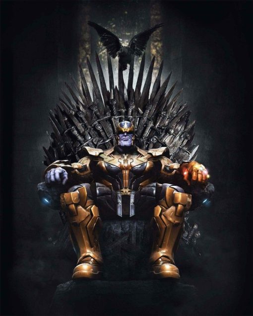 Discover a unique handmade oil painting for sale: Thanos seated on the iconic Iron Throne from Game of Thrones. This stunning canvas art captures Thanos' commanding presence, a perfect blend of Marvel and GOT worlds. Elevate your space with this exclusive piece, available now for art enthusiasts and collectors. Own this remarkable fusion of two epic universes and order your Thanos on the Iron Throne canvas today!