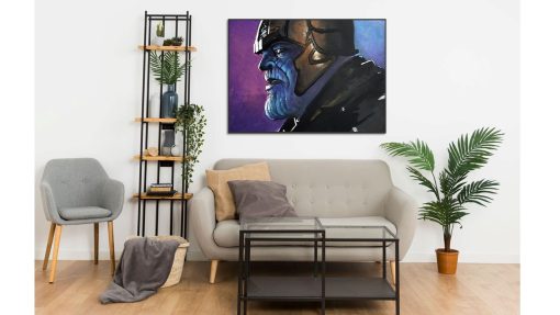 Discover an exclusive handmade oil painting on canvas for sale, showcasing a captivating profile view of Thanos. This unique artwork presents the iconic Marvel character in a distinct perspective. Elevate your space with this striking piece, available for art enthusiasts and collectors. Acquire this exceptional Thanos profile view painting to bring Marvel's essence to your walls!