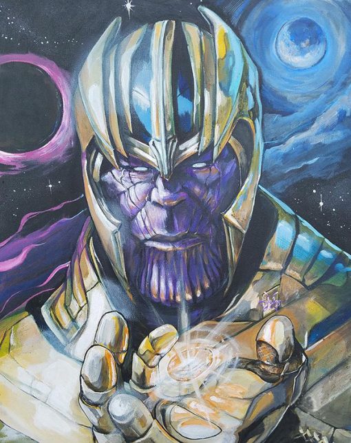 Explore an exquisite handmade oil painting on canvas for sale, featuring a compelling portrait of Thanos wielding an Infinity Stone. This exceptional artwork captures the might of the Marvel antagonist in a powerful depiction. Elevate your space with this unique piece, available for art enthusiasts and collectors. Acquire this extraordinary Thanos portrait with an Infinity Stone to bring Marvel's cosmic energy to your walls!