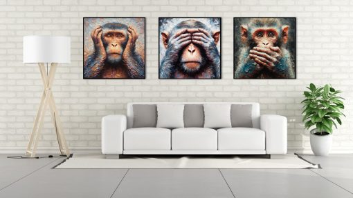 Explore our captivating handmade oil painting on canvas, highlighting the Monkey Blind from the revered 3 Wise Monkeys. This intricately crafted artwork embodies the essence of vision and introspection, symbolizing the principle of "see no evil" with artistic elegance. Elevate your space with this symbolic portrayal, fusing artistry and philosophy to add depth and intrigue to any setting.