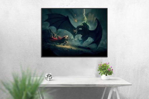 Delve into our mesmerizing handmade oil painting on canvas, showcasing the intense moment of the Witch King of Angmar atop his fellbeast, menacingly approaching Eowyn amidst the breathtaking Pelennor landscape with the iconic Minas Tirith in the backdrop. This intricately crafted artwork vividly captures the dramatic confrontation, evoking the ominous atmosphere of Tolkien's world. Perfect for impactful decor, this portrayal encapsulates the tension and power, offering a gripping and emotive centerpiece for your space.