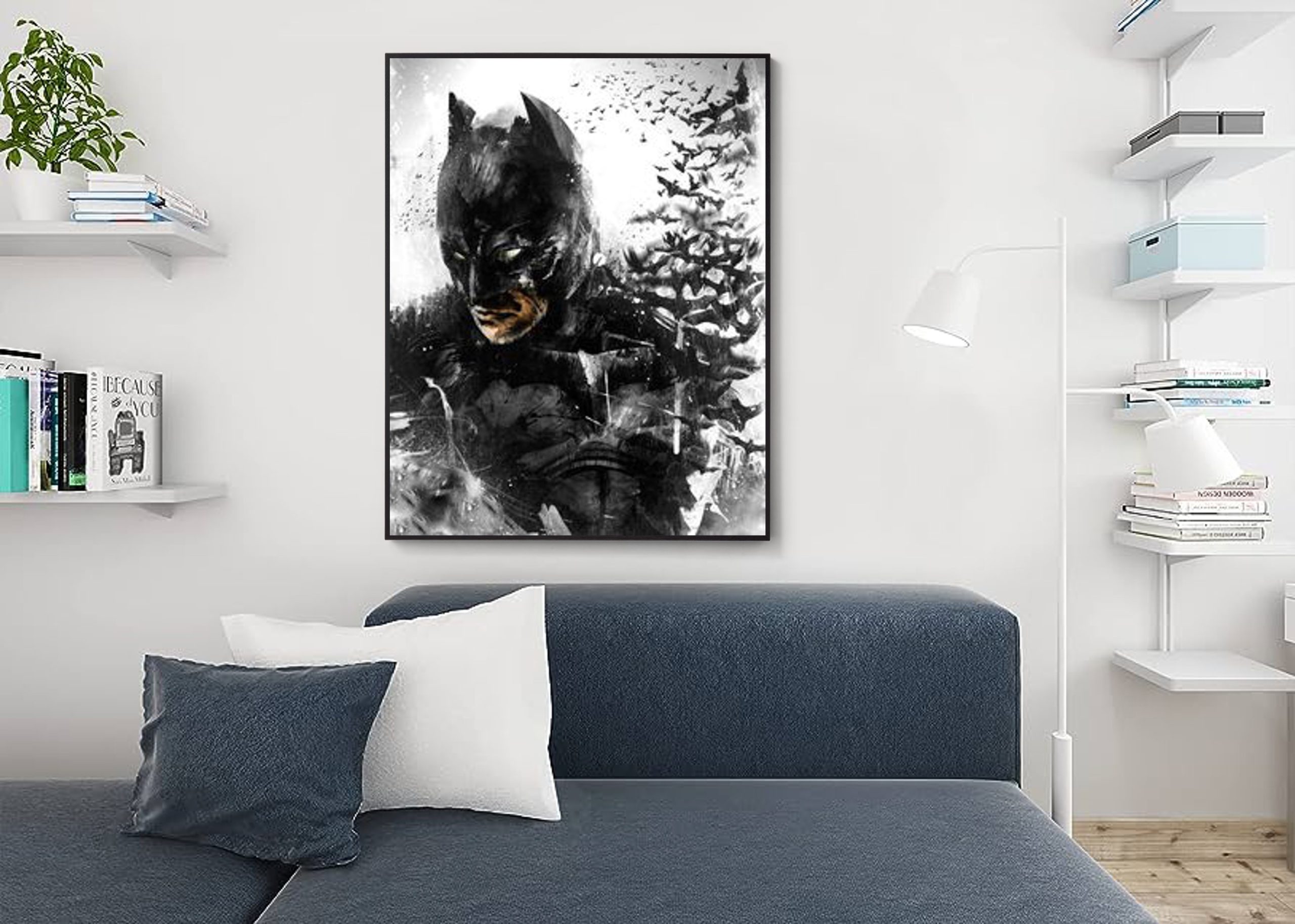 Hand painted art canvas 16x20 Inches BATMAN Acrylic painting Black & White